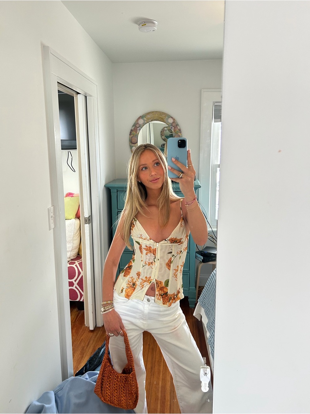 WeWoreWhat Cream Floral Spaghetti-Strap Corset Top